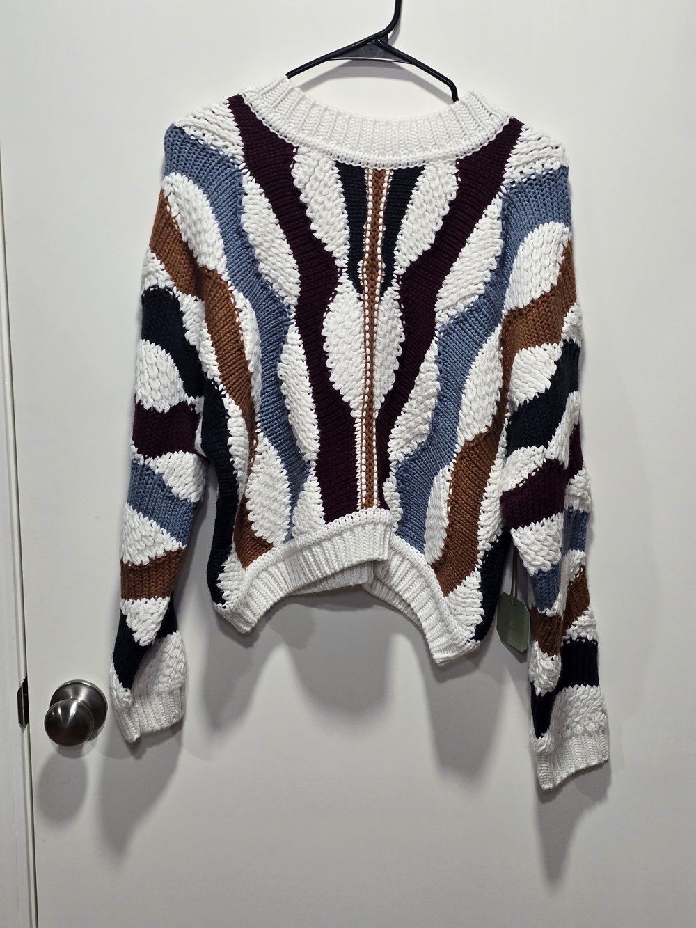 Textured Multicolor Cable Crewneck Sweater - White, Blue, Brown, Burgundy